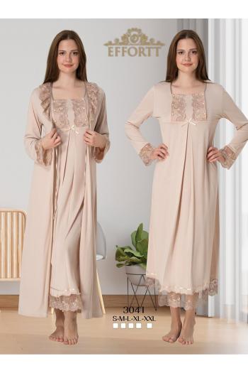 Effortt 3041 BEJ Dantelli Sabahlıklı Lohusa Gecelik Takımı